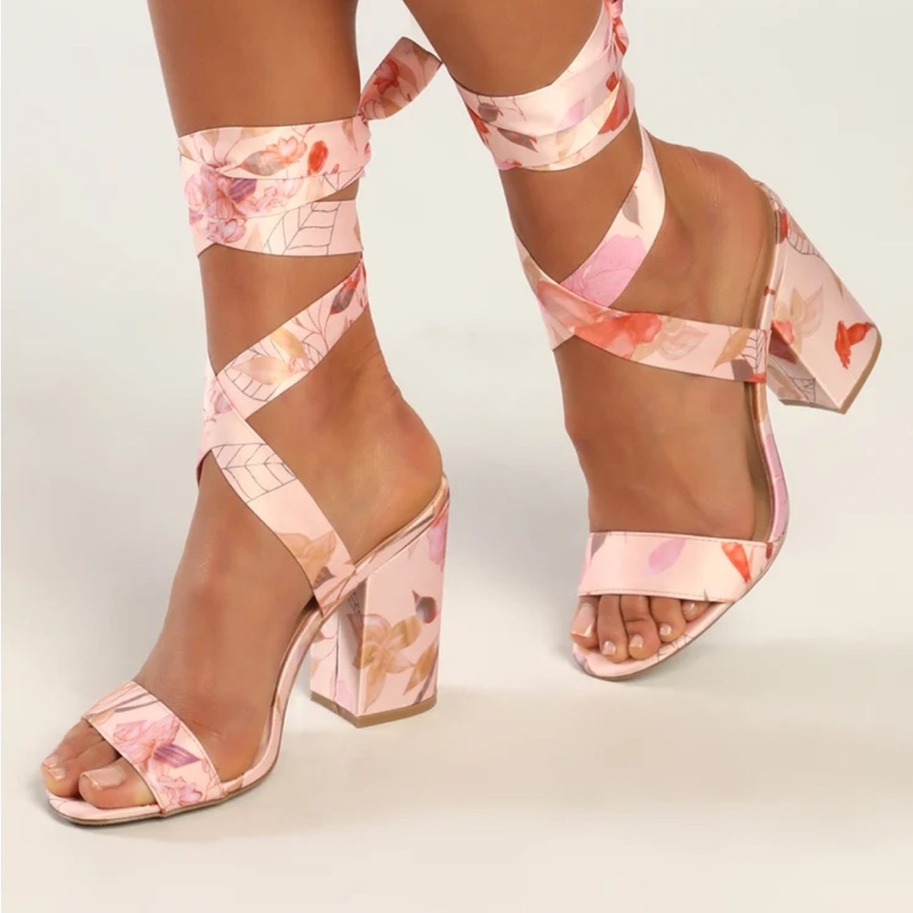 NWT Lulu’s Alta Blush Floral Print Satin Lace-Up Heels